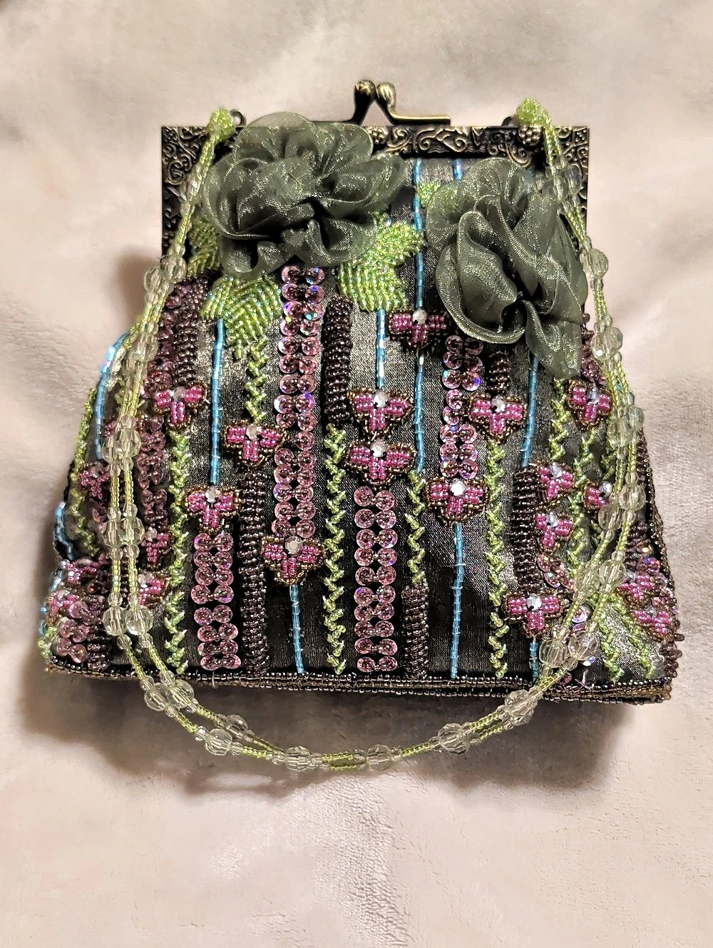 Vintage Mary Frances Beaded Crossbody Bag 3D Chiffon Floral Roses Purse Pristine